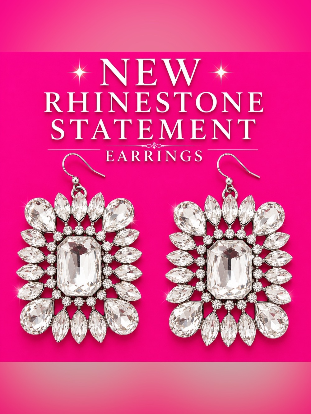 Rhinestone Statement Dangle Earrings Crystal Glam Silver Tone New